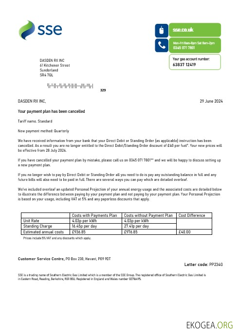 Modèle de facture de services publics pour les entreprises SSE Energy du Royaume Uni aux formats Word et PDF, version 1